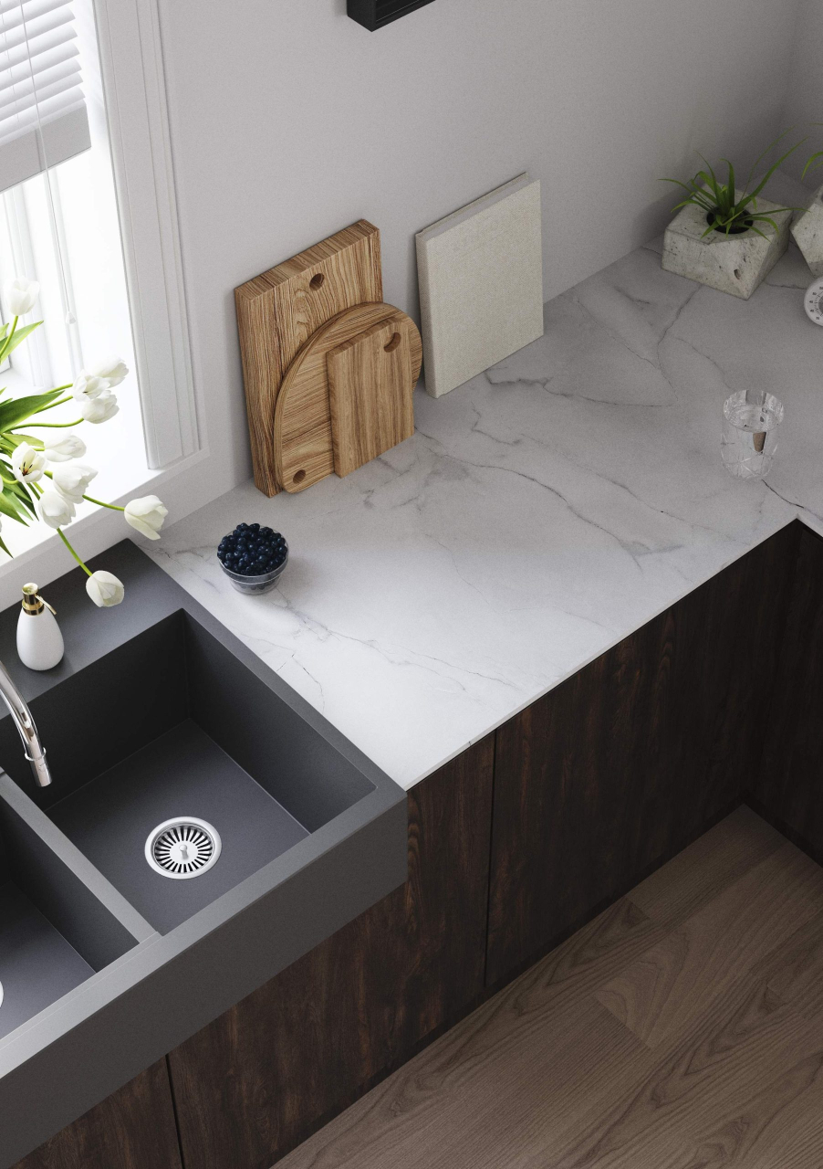 Coloris COM138EXM Marbre de Paros vue cuisine
